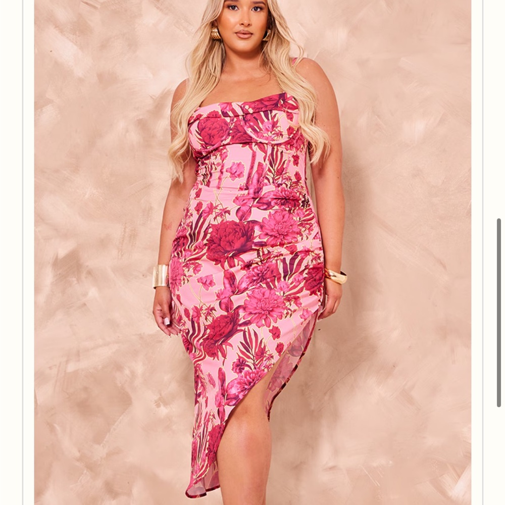 PrettyLittleThing Pink Floral Strapless Dress